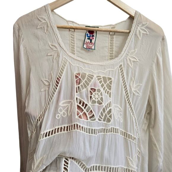 Johnny Was Women Ivory Sheer Floral Embroidered Dress S Boho Silky Peasant Fairy - Picture 5 of 12